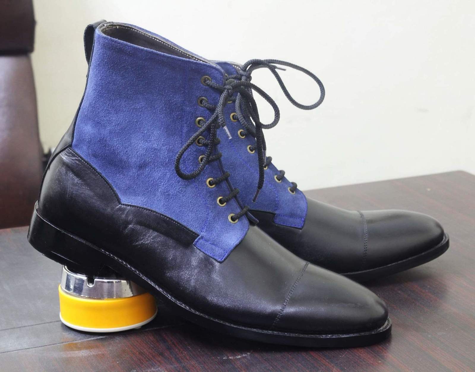 Handmade Men's Blue Black Leather Suede Cap Toe Lace Up Boots, Men Ankle Boot