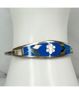 Vintage Mexico Silver Tone Abalone Shell Flower Blue Inlay Hinge Bangle ... - $24.74