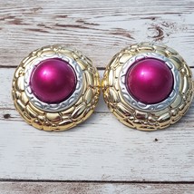 Vintage Clip On Earrings Bright Pink, Silver Tone &amp; Gold Tone Statement Large - £13.48 GBP