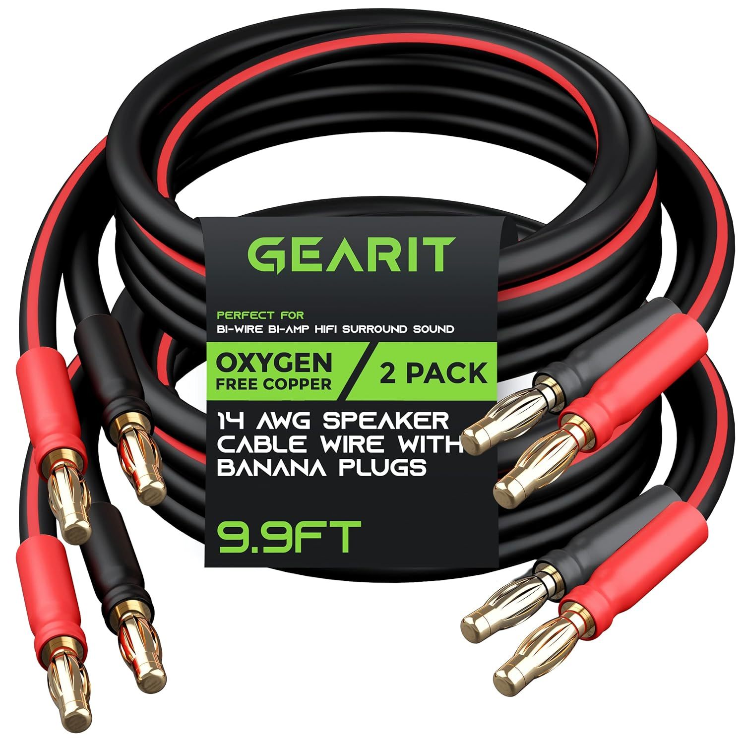 GearIT 14 AWG Speaker Cable Wire with Banana Plugs (2 Pack, 9.9 Feet - 3 Meter)