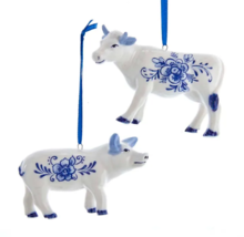 Kurt Adler Set Of 2 Hand Painted Porcelain Delft Blue Pig &amp; Cow Xmas Ornaments - £12.67 GBP