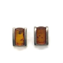 Vintage Sterling Silver Modernist Cognac Baltic Amber Stone Square Stud Earrings - £50.33 GBP
