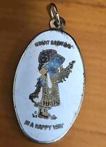 Vintage AGC  BLUE GIRL PENDANT Enamel “Start Each Day In A Happy Way” - $8.01