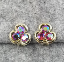 VTG Pakula Clover Aurora Borealis Rhinestones Clip On Earrings Costume J... - $18.99
