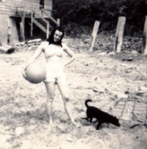 Young Woman on Beach With Ball and Dog Antique Vintage Photograph Swimsuit - $14.95