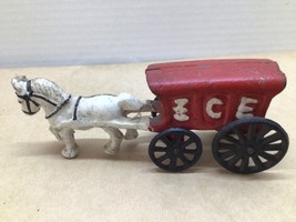 VINTAGE RED CAST IRON WHITE DRAFT HORSE DRAWN TOY ICE CART - 7&quot; LONG - $17.63 CAD