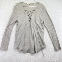 Umgee Womens  Lace Up Shirt Size Medium Light Gray Ribbed Long Sleeve Stretch - £11.67 GBP