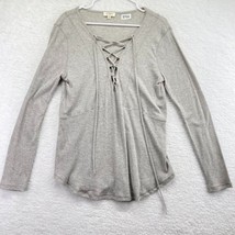 Umgee Womens  Lace Up Shirt Size Medium Light Gray Ribbed Long Sleeve Stretch - £11.64 GBP