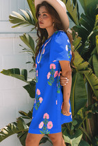 Blue Floral Short Sleeve Split Neck Loose Mini Dress - $17.61