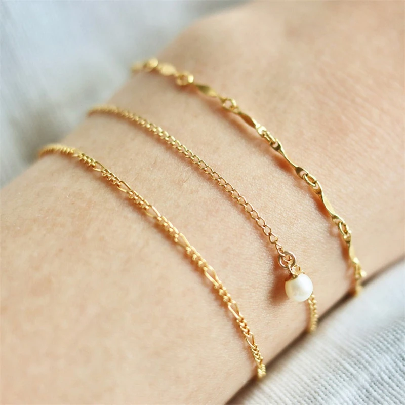 14K Gold Filled Chain Bracelet Handmade Pearl Jewelry Boho Charms Bracelets Vint - £43.96 GBP