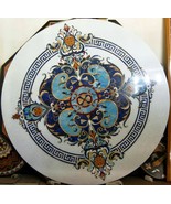 Turquoise Stone Dining Table Top with Inlay Work Round Shape White Marbl... - $5,100.00+