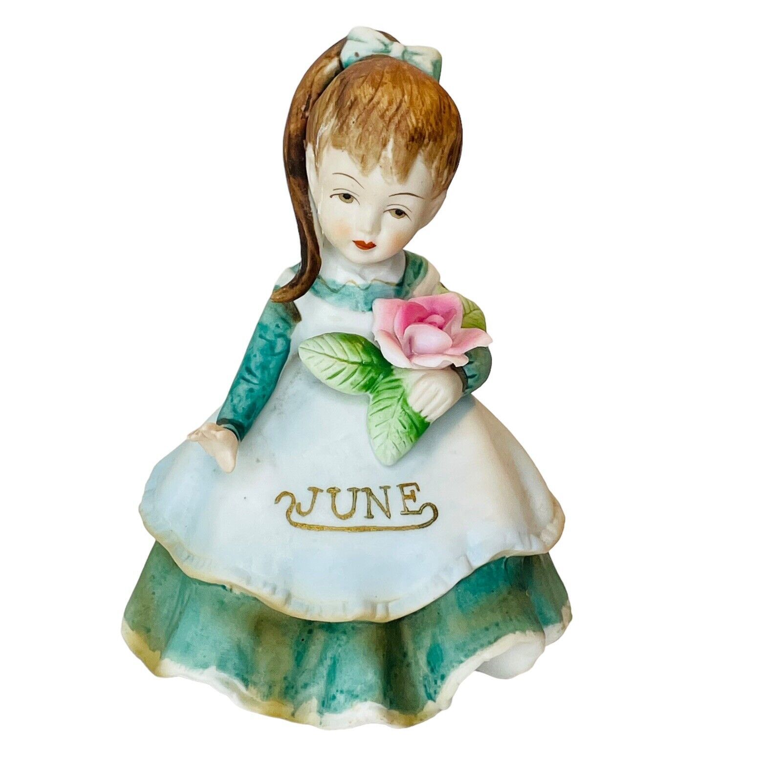 Primary image for LEFTON Vintage Porcelain JUNE Birthday Girl Green Dress 4.5" Figurine #KW4200