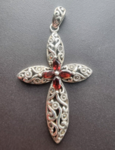 Vintage 925 Sterling Silver Natural Garnet Marquise Scroll Cross Pendant - £37.34 GBP