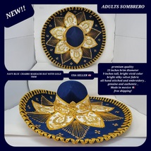 adults navy blue with gold colors mexican charro sombrero MARIACHI HAT  - £79.82 GBP