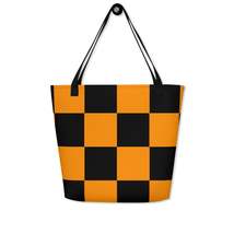 Autumn LeAnn Designs® | Bright Orange and Black Checkers Large Tote Bag - £29.81 GBP