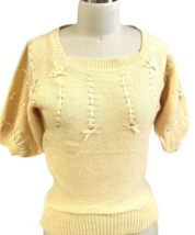 VTG 80s Gitano Pale Yellow Big Puff Sleeve Pullover Sweater Sz S Ribbons - $34.60
