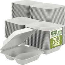 Compostable Bagasse Clamshell Take Out Containers | 200 Pack | Natural - £56.51 GBP