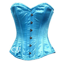 Blue Satin Overbust Corset burlesque Christmas Costume Hand made Teal Bu... - $69.99+