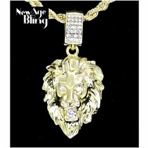 Mighty Lion Iced Cubic Zirconia Pendant 24&quot; Rope Chain 14k Gold Plated Hip Hop - £7.42 GBP