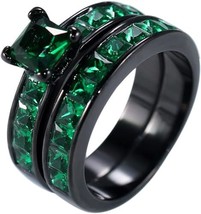 3 Ct Princess Cut Emerald Bridal Set Wedding Ring 14k Black Gold Finish - £110.12 GBP