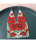 Boho Vintage Vibe Red Poppy Beaded Tassel Earrings - White, Red. Glass. - $22.07 CAD