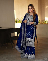 Blue Salwar Suit, Sequins Zari Work Top Gharara And Dupatta Set Fully Stitched R - £64.39 GBP