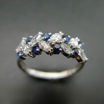 Vintage Sapphire &amp; Diamond 14K White Gold Plated Silver Engagement Wedding Ring - £121.84 GBP