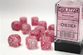 Ghostly Glow 16Mm D6 Pink/Silver Dice Block (12 Dice) Chessex New - £13.67 GBP