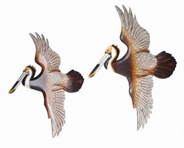 SET OF 2 Hand Carved Flying Colorful Wood Pelican Wall Art Hang on Tropical Naut - $49.44