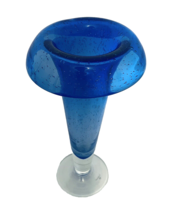Cobalt Blue Art Glass Vase with Bubbles Clear Bottom Cased Heavy Folded Top - £16.86 GBP