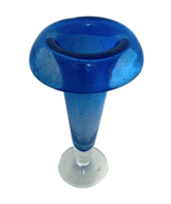 Cobalt Blue Art Glass Vase with Bubbles Clear Bottom Cased Heavy Folded Top - $22.22