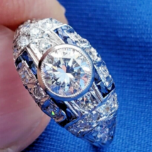 Earth mined Diamond Deco Engagement Ring Platinum French cut Sapphire Solitaire - €10.308,51 EUR