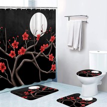 Red Flowers &amp; Full Moon 4 Pcs Shower Curtain Sets Non-Slip Rug Toilet Lid Cover  - £31.60 GBP