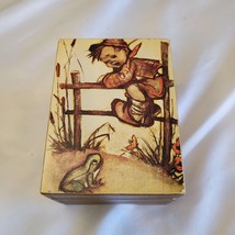 Vintage Hummel Child and Frog Wooden Hinged Music Box Scared Boy Japan Sankyo - $14.84