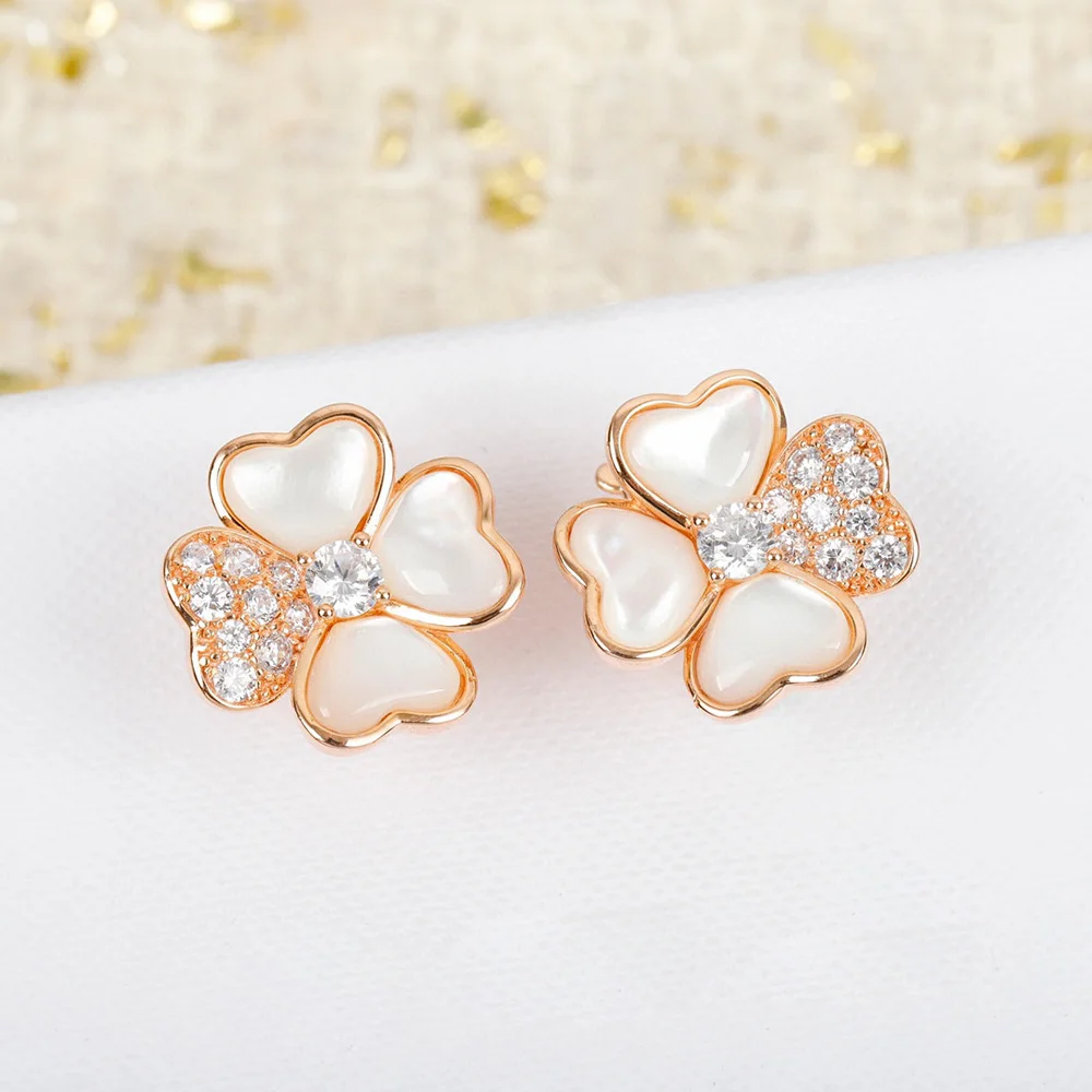 Luxury Brand Quality Glossy Natural Mother Of Pearl Shell Clover Flower  Stud Ea - £72.18 GBP