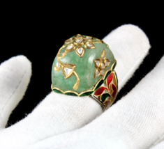 Natural Colombian Emerald Flat Diamond Kundan Meena Jadau 18K Gold Antique Ring - £4,175.85 GBP