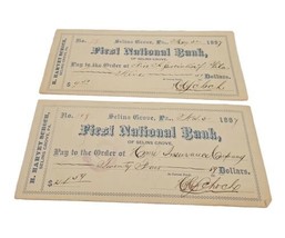 2 Vintage Checks First National Bank Selins Grove, Pa 1887 Cleared Antique  - £12.13 GBP