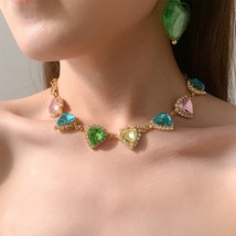 MENGJIQIAO Korean Colorful Heart Crystal Choker For Women Girls Fashion Shiny Rh - £14.11 GBP