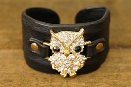 Vintage Costume Jewelry Black Leather Cuff Bracelet Adjustable Rhinestone Owl - £19.49 GBP