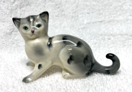 Darling Grey Spotted Cat Kitten Figurine w Curled Tail Green Eyes 3 7/8 ... - $19.80