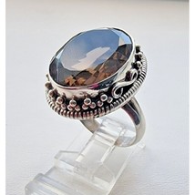 Vintage Large 925 Sterling Silver Oval 21X16 Mm. Smoky Topaz Ring Size 9 At - $66.92