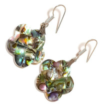 Square Mosaic Abalone Shell Gemstone 925 Silver Overlay Handmade Flower Earrings - £11.14 GBP