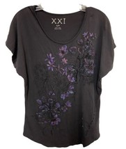 XXI T-Shirt Womens Petite Small Black Purple Floral  Beaded - £4.54 GBP