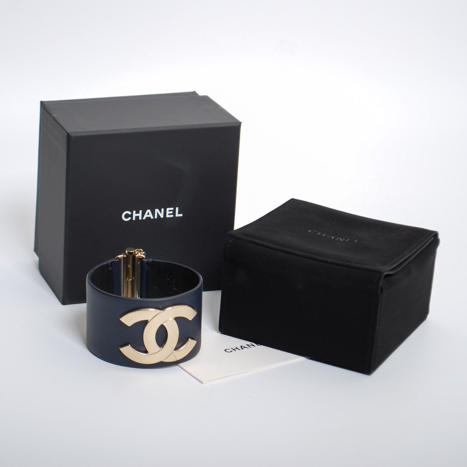 CHANEL Navy Blue Leather Wide Cuff Bracelet CC Logo Gold Tone Metal with Box - $768.40