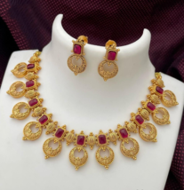 Indian Style Gold Plated Bollywood Choker Necklace Ruby Bridal Jewelry Set - $28.51