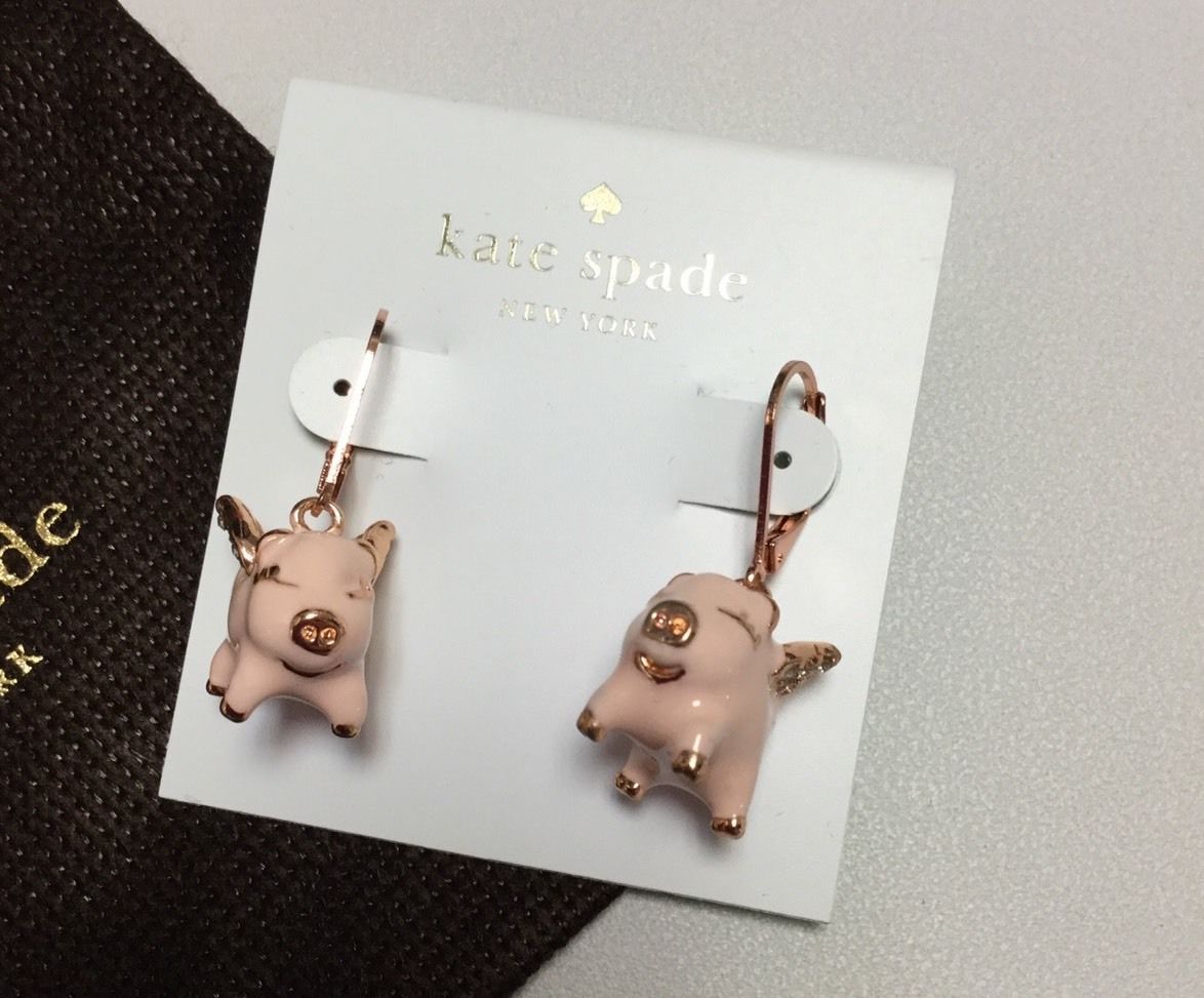 NEW KATE SPADE Rose Gold Pink Multi Imagination Pig Drop Earrings W/ KS Bag $58 - $38.00
