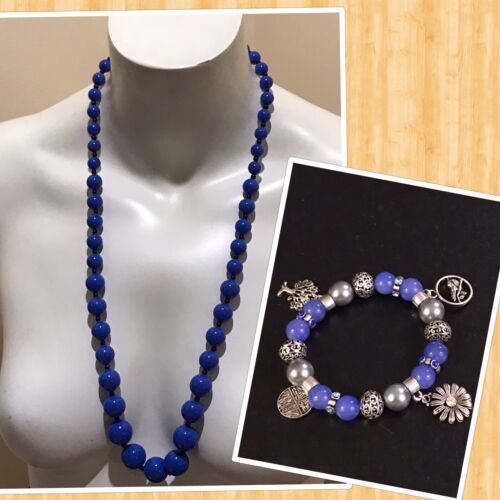 Primary image for Vintage Blue Lucite Long Necklace 28” With Compliment Stretchable Bracelet