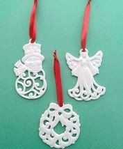 Lenox 3 Piece Pierced Ornament Charms Set Porcelain Snowman-Wreath-Angel... - $27.62