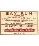 1 Vintage Pharmacy Label BAY RUM Alcohol 58% Willard&#39;s Drug Store Lusk W... - $590.02 MXN