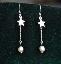 Pearls earrings, star earrings, sterling silver drop earrings (E870) - £18.53 GBP